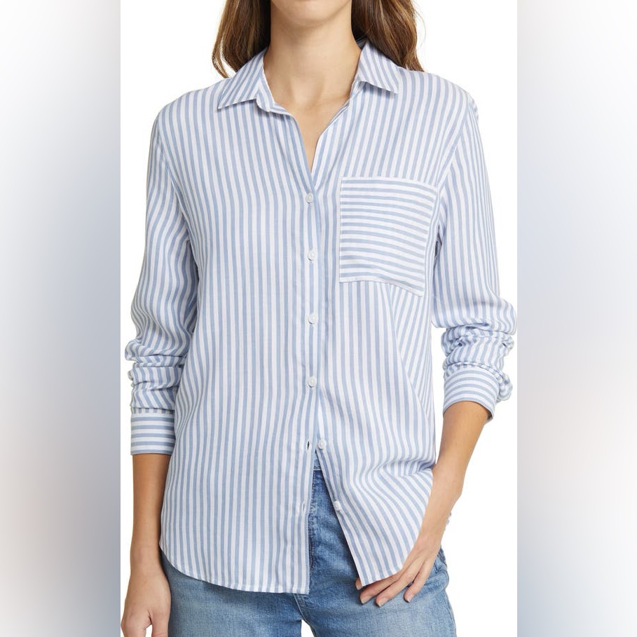 Beachlunchlounge Women’s Blue And White Striped Button Down Shirt Front Pocket